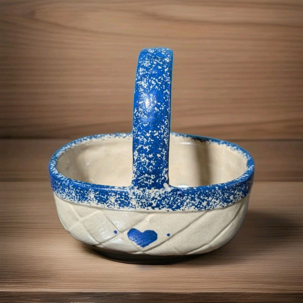 Vtg Pottery Basket Blue Heart Spongeware Trinket Dish Earthy Country Stoneware